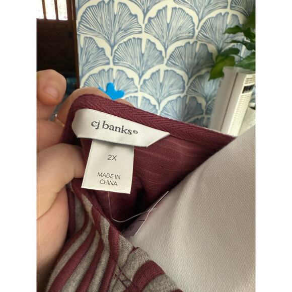 CJ BANKS Exclusive Open Cardigan Stripped Gray and Pink Sweater - Picture 4 of 7